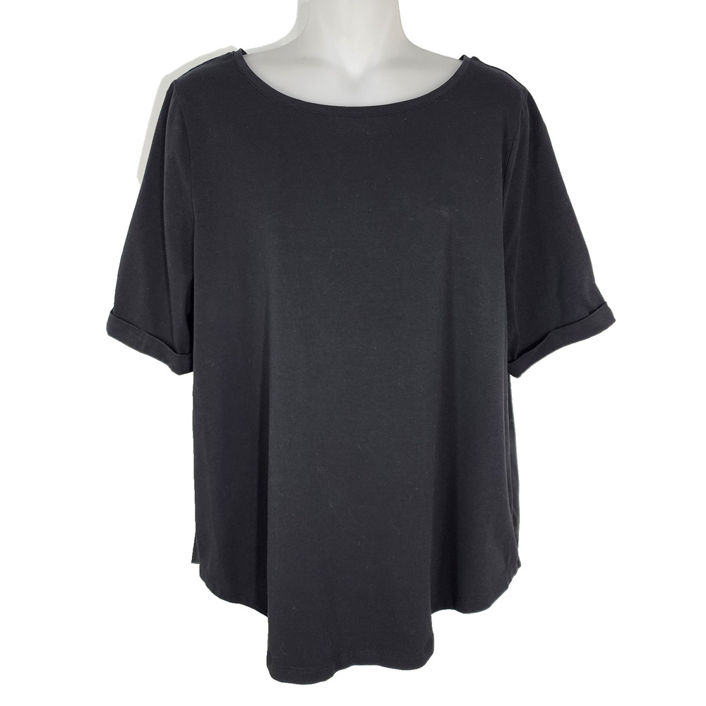 Chico's T Shirt Womens Size 2 Large Short Sleeve Rolled Cuff Knit Stretch Black